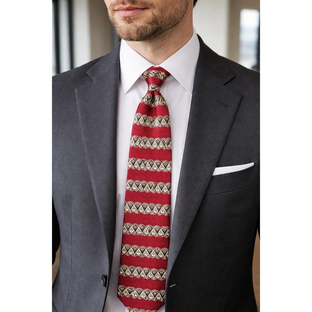 Claiborne Mens Silk Necktie Red Geometric Fan Striped Pattern USA Made 58 Inch